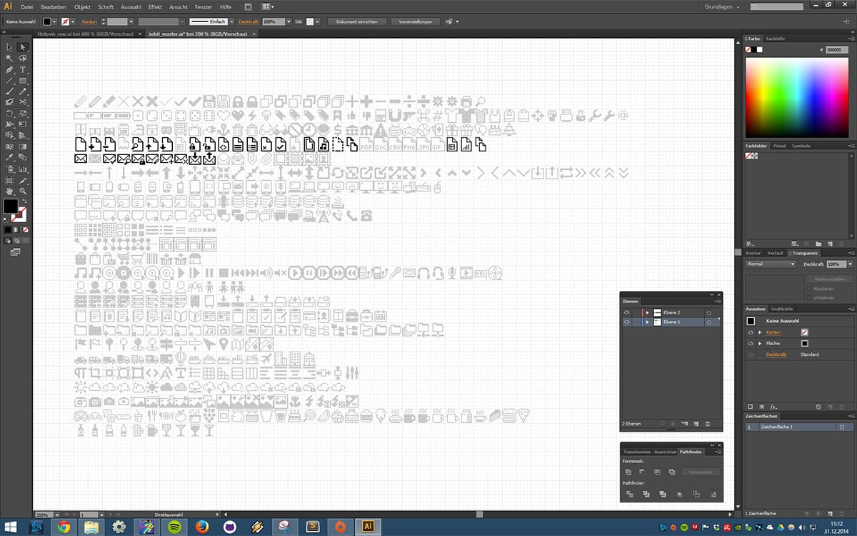 Screenshot from December 31, 2014 showing the early stages of creating pixel art icons in Adobe Illustrator